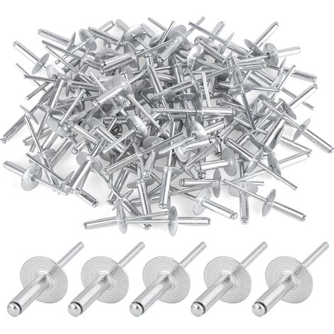 100 rivetti ciechi in alluminio con testa grande - 4,8 x 20 mm (testa da 16 mm) - per automotive, arredamento, attrezzature meccaniche