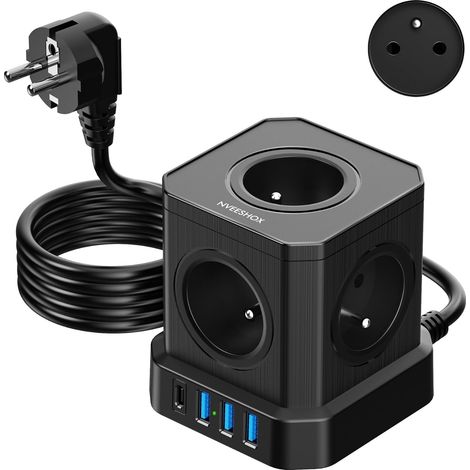 Cube Multiprise 5 Prises avec 3 USB A Ports +1 USB C PD20W Ports  Multiprise Parafoudre avec Interrupteur, (16A/4000W) Bloc Multiprise Electrique Câble 2M pour Maison Bureau,Voyage (Noir) (1/5)