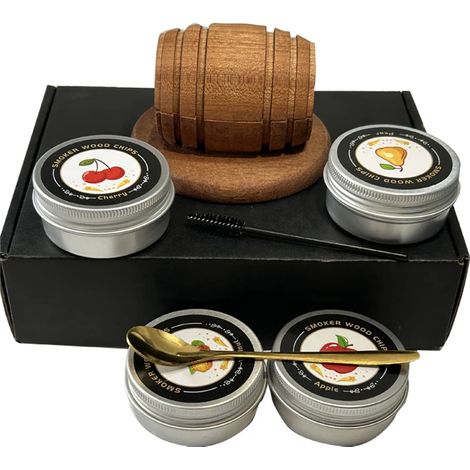 (Nouveau - Ensemble de 6) Kit fumoir à cocktails avec copeaux de bois de pommier, cerisier, chêne et noyer, fumoir à couvercle en bois pour whisky, idéal pour les boissons de bar et les ustensiles de (1/5)