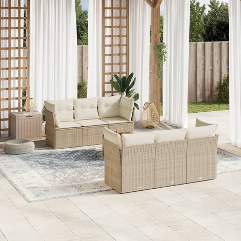 7-tlg. Garten-Sofagarnitur mit Kissen Beige Poly Rattan (1/5)