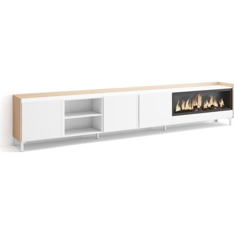 Skraut Home - Meuble TV, Banc Télé, Grand espace de Rangement, 315x35x61cm, Pour les TV jusqu'à 80", Cheminée électrique XXL, Design industriel, Style moderne, Blanc et Chêne Soft (1/5)