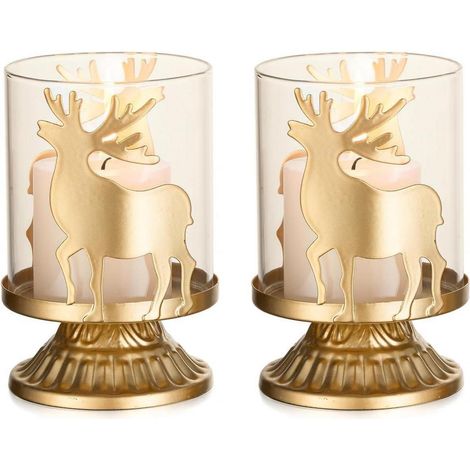 2er Set Kerzenhalter Rentier Windlicht Gold für Teelicht & Stumpenkerzen (1/5)