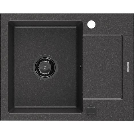 Mexen Enzo évier en granit à 1 cuve avec égouttoir 576 x 465 mm, Noir moucheté, siphon Noir - 6506571005-76-B (1/5)