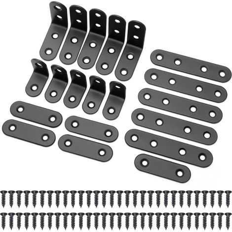 10 Pcs Équerre de Fixation et 10 Pcs Supports de Fixation Droits Plats, Plaques de Jonction en Acier Inoxydable avec 60 Vis pour Bois, Étagères, Meubles, Fenêtres et Armoires, Noir (1/5)