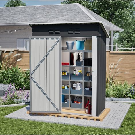 Caseta de jardín metálica 152 x 84 x 182 cm, puerta con cerradura, sin ventana, negro OKMYHOME