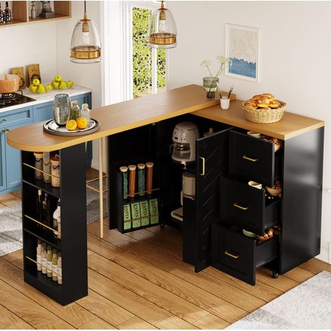 Desserte de bar extensible 135 à 228 x 39 x 104 cm noire en MDF, 5 roulettes, rangement - CHICFURN (1/5)