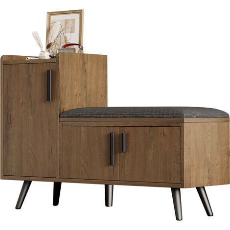 Banque à chaussures moderne avec coffre de rangement, assise dotée de trois portes de stockage, poignées métalliques asymétriques et étagères multiples - Dimensions : L100/P34/H69 cm (ancien sku N657P (1/5)