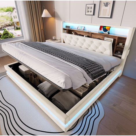 Letto contenitore 180x200 in velluto beige, LED, USB-C e testiera multifunzione OKMYHOME (1/5)