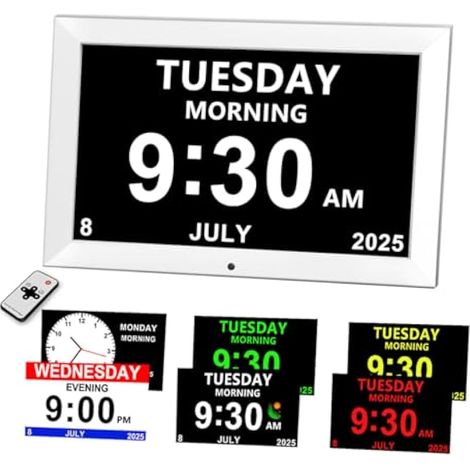 Réveil numérique avec date et jour de la semaine pour seniors - 18 alarmes, 3 rappels, calendrier numérique, gradation automatique, idéal pour personnes âgées (10 pouces blanc) (1/5)