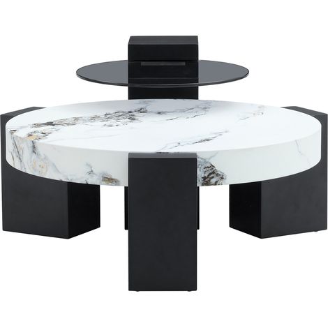 Mesa auxiliar redonda moderna de dos niveles con tablero efecto mármol MDF y cristal, blanco y negro (1/5)