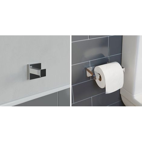 Bathroom Accessories Set Robe Hook Toilet Roll Holder Chrome Square Wall Mounted (1/5)