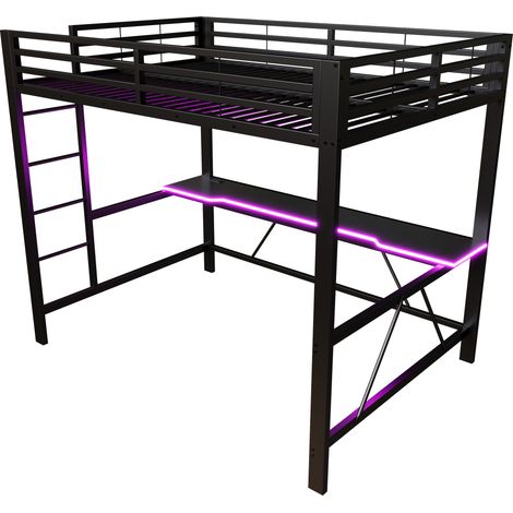 Cama alta gaming de metal 140x200 con escritorio, LED y carga USB, negra (1/5)