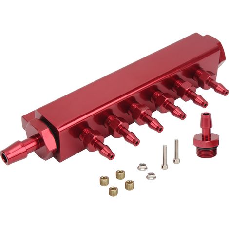 Ortviai Collecteur de Vide Universel 6 Ports en Aluminium Rouge – Raccords 1/8" et 1/2" NPT pour Turbo, Suralimentation, Carters Électroniques