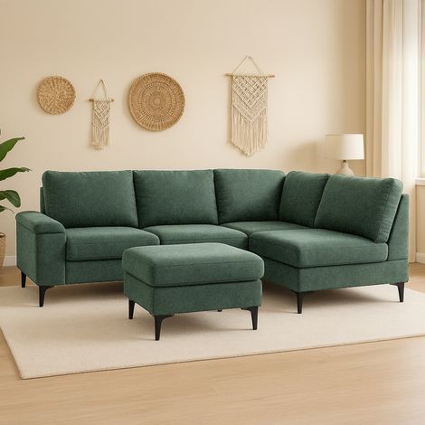 Divano angolare 4/5 posti in tessuto ciniglia verde con pouf COLCHESTER (1/3)
