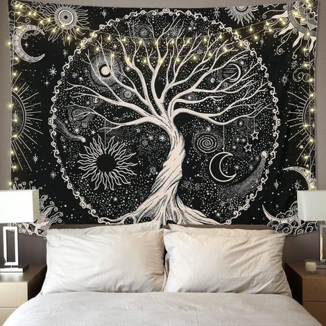 Arbre de Vie Tapisserie Lune et Soleil Noir Tenture Murale Tapisserie Psychédélique Mandala Étoilé Tapisserie Murale Hippie Mur Art Décor pour Chambre Dortoir Fête (130x150cm) (1/5)