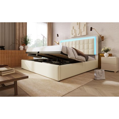 Polsterbett 180x200 cm aus weißem PU mit LED und Stauraum, ohne Matratze – MEUBLIV (1/5)