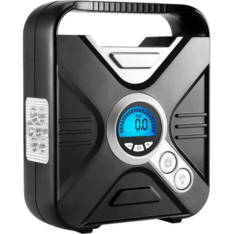 Compresseur à Air Portable Gonfleur Electrique Gonfleur Pneu Voiture Mini Compresseur 12v portatif Voiture Pompe A Velo avec Manomètre, Adaptateurs De Valve Et éclairage LED (Argent) (1/4)