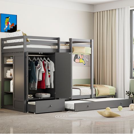 CHICFURN Litera infantil 90x200 cm de madera gris con cama nido, armario y almacenaje (1/5)
