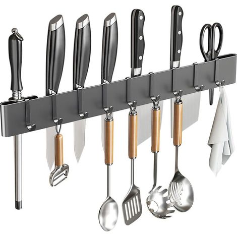 Porte-couteaux mural en acier inoxydable avec crochets - Bloc à couteaux - Porte-ustensiles de cuisine (gris, 50 cm + 9 crochets) (1/5)