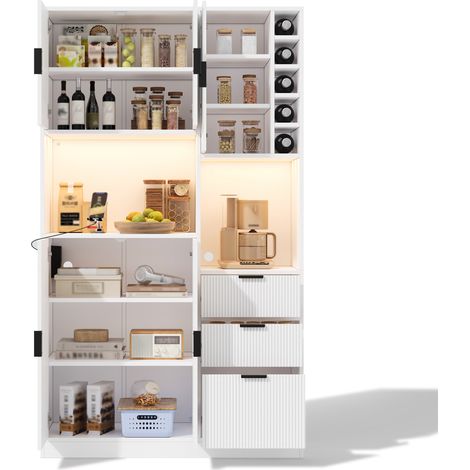 CHICFURN Mueble buffet de cocina alto con estantes regulables, 3 cajones, botellero lateral, luz LED RGB con app y enchufe, MDF blanco, 105 x 40 x 180 cm (1/5)