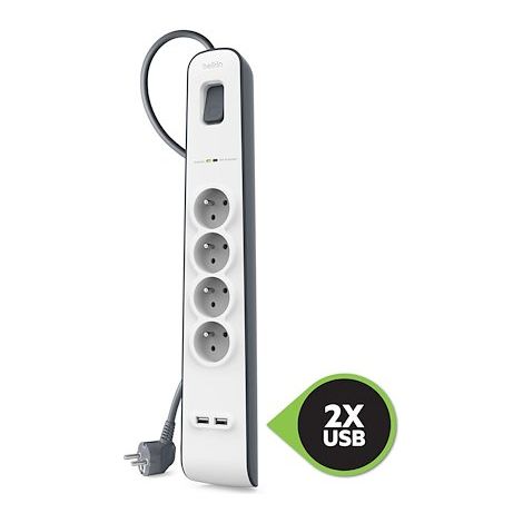Multiprise parafoudre 4 prises + 2 USB A blanche Belkin (1/3)