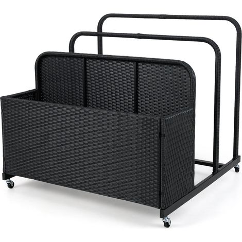 Coffre de Rangement au Bord de la Piscine en Rotin PE, Chariot Roulant d'Extérieur avec Roues, 2 Barres et 1 Panier, pour Coussins, Serviette, Noir