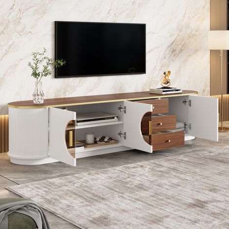 REDOM - Meuble TV - 180x40x46 cm - 3 tiroirs - 3 portes - passe câbles - MDF - blanc (1/5)