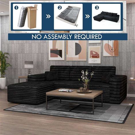 Smart Corduroy L-Shaped Corner Sofa in Left or Right Facing - Black Left Corner