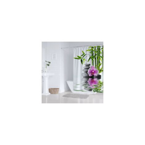 Cortina de ducha antimoho, estampado Zen Pebble, tejido de poliéster impermeable, 180x200 cm, cortina de ducha 3D Orchid Bamboo, lavable a máquina, para bañera y ducha - Blanco Verde - Crezuo