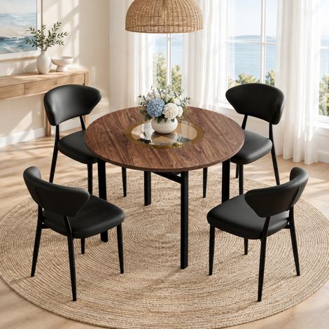Ensemble table ronde et 4 chaises, plateau MDF effet bois brun Ø 100 cm, insert verre brun-gris, chaises noires en cuir régénéré, pieds métal – de FLORAGRACE (1/5)