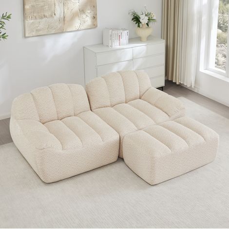 Canapé d'angle modulable 2 places avec 1 pouf, assise profonde de 68 cm, sans structure, fleece beige, 210×165×79 cm (1/5)