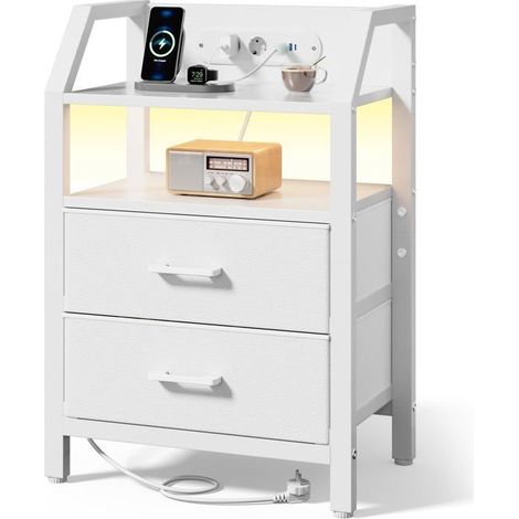 EcoFurnix Nightstands with LED, Night Table with Outlets & USB Ports, Accent Table with 2 Fabric Drawers - White