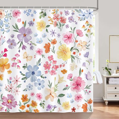 e Rideau de Douche Fleurs Feuilles Colorés Moderne Rideau de Bain Tissu Polyester Anti Moisissure Imperméable Lavable Rideaux Salle de Bain 180 x 180 cm avec 12 Crochets pour Baignoire (1/5)