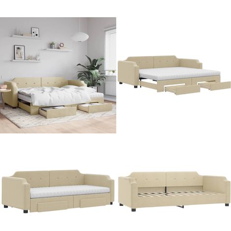 Tagesbett Ausziehbar mit Schubladen Creme 100x200 cm Stoff - Schlafsofa - Sofa-Bett