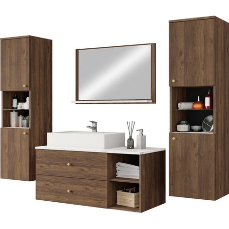 Conjunto de mueble de baño Salus III, Nogal + Mármol blanco