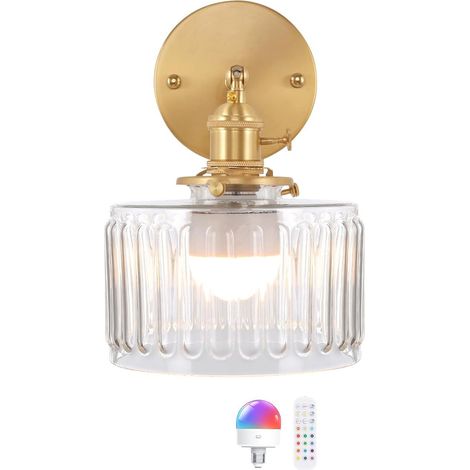 Vintage Wandleuchte Batterie Betrieben Geriffeltes Transparentglas, Kabellose LED Wandlampe mit Fernbedienung, Dekorative Beleuchtung für Schlafzimmer Nachttisch Flur Eingang (1/5)