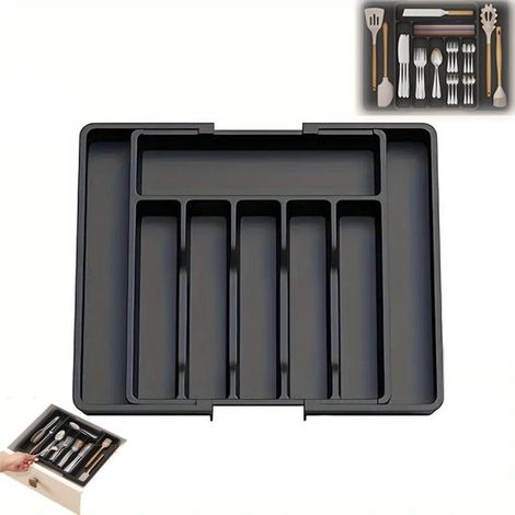Scatola portaoggetti, Organizzatore per posate, Scatole portaoggetti, Organizzatori per posate per cassetti da cucina, Cassetti estraibili per l'organizzazione della cucina, Posate, Nero (1/5)