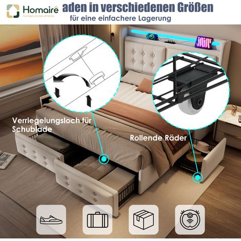 Cadre de lit beige en tissu avec rangement et port USB 220 x 168 x 106 cm HOMAIRE (1/5)