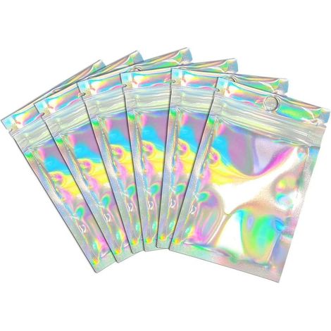 Sacs refermables holographiques en aluminium (lot de 50), parfaits pour rangement d'événements, dimensions 7,5 x 12 cm (1/4)