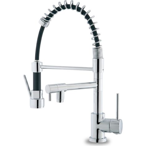Miscelatore monocomando alto per lavello con doccetta e bocca girevole.