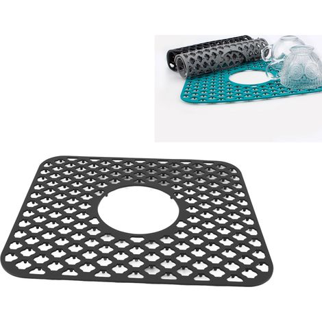 Tapis d'évier en silicone avec fond perforé, résistant aux rayures, multifonctionnel et antidérapant, noir. (1/5)