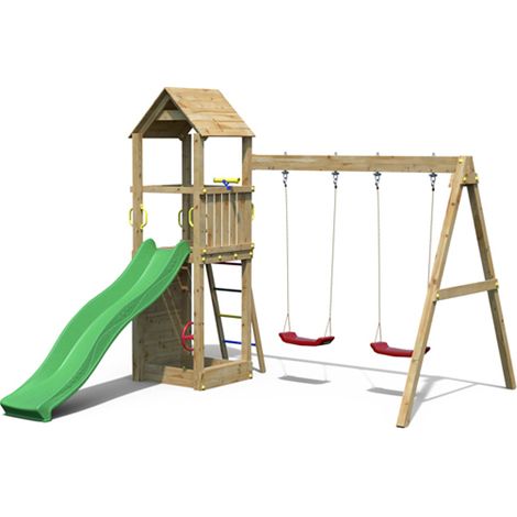 Sky High Hideout with Double Swing & Green Slide - Outdoor Play Set - Pressure Treated Wood - L524.8 x W398.2 x H210 cm
