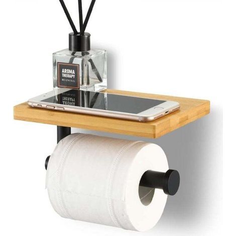 Toilettenpapierhalter mit Bambusablage, Badezimmer-Rollenhalter aus Edelstahl SUS304, Wandmontage, Befestigung mit Schrauben oder 3M-Klebeband, Schwarz