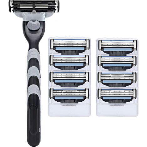 Rasoir manuel à trois lames, noir - convient à tous les types de barbes (1 manche + 8 lames) (1/5)