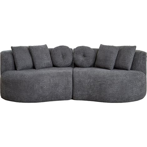 Canapé deux pièces modulaire en chenille incurvée anthracite, sans accoudoirs, en forme de noix de cajou, avec dossier continu et 6 coussins de formes variées. (1/5)