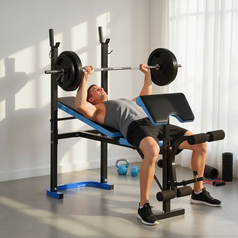 Banc multifonction avec support barre dossier réglable acier/PU noir/bleu 155x56,5x120 cm