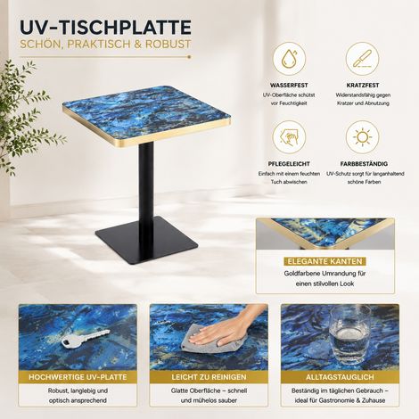 Table carrée moderne avec plateau UV effet marbre, piètement en métal, design contemporain pour salle à manger (1/5)
