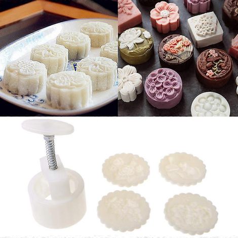 Moule à gâteaux de lune de 150 g avec 4 tampons à fleurs, moule à pâtisserie à presser à la main, ustensiles de cuisson à faire soi-même (1/4)