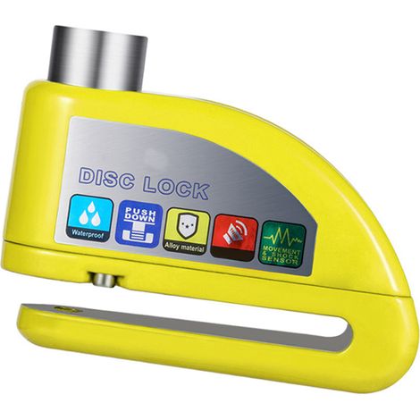 Antivol de disque de vélo/moto avec alarme 110 dB, étanche IPX6 et antivol, jaune. (1/5)
