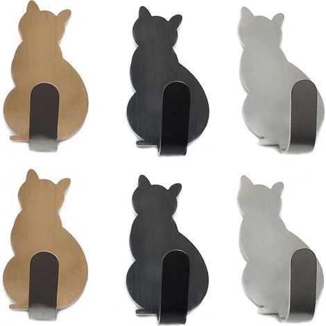 Set of 6 stainless steel towel hooks with small cat designs, decorative wall hooks for home, kitchen, bathroom, office storage, no nails required (1/5)